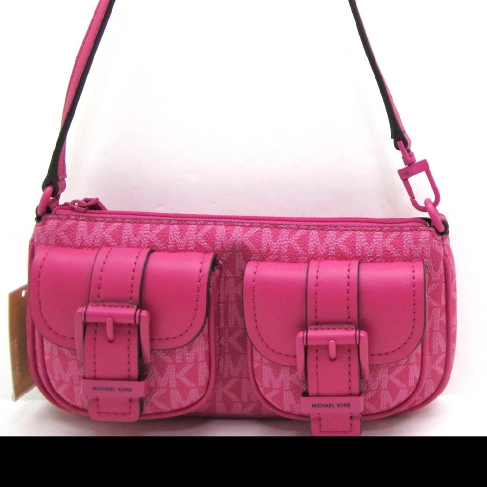 NEW MICHAEL KORS ZOE SM Convert Pouchette Coated MK Signature/Leather Wild Berr